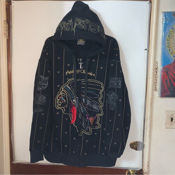 Avirex Classic Hoodie Size L Black Indian Chief Design & Arm Patches Zip Up NY - Picture 16 of 16